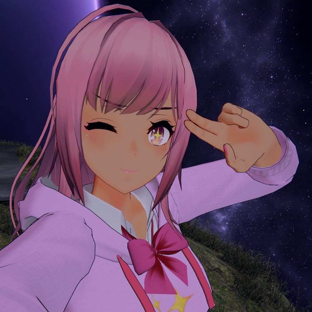 Pink haired woman, winking, with a sparkle in her eye, doing a peace salute, wearing a pastel pink hoodie with a pink bowtie, with a sky filled with stars and a gigantic planet in the background