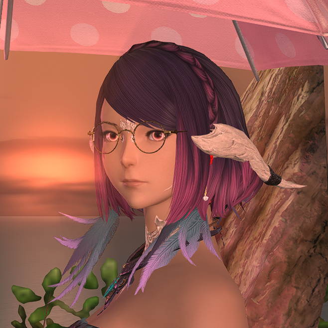 Au Ra woman with short purple hair and glasses, under a pink and white polka dot parasol, looking to the left with a pretty sunset and ocean in the background.