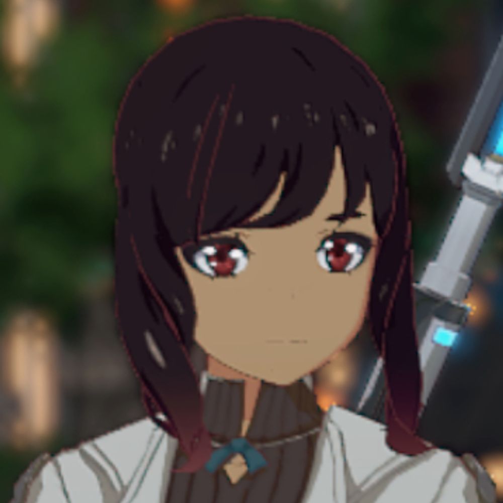 Anime style depiction of a light brown skinned woman with dark red eyes and dark maroon hair with red tips.