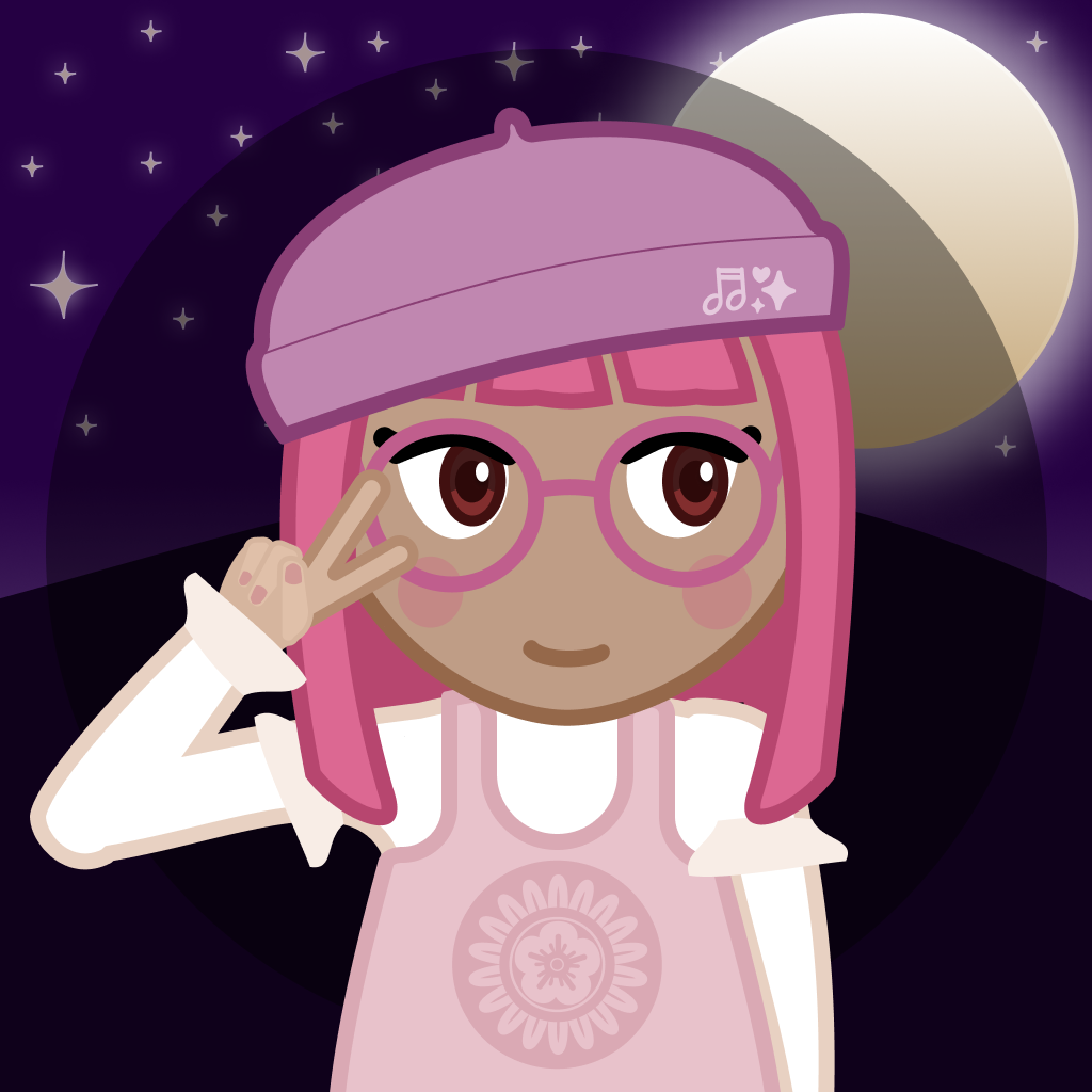 A vector drawing of a pink haired girl with glasses and a lavender beret doing a peace salute.