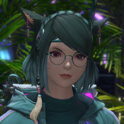 Miqo'te woman with short dark green hair and glasses wearing a green jacket over dark green shirt, the jacket having a luminous magenta hood.