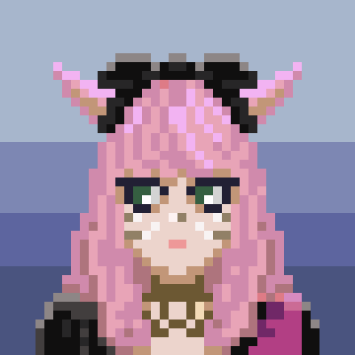 Pixel art drawing of a pastel pink haired catgirl wearing a black bowtie on her head, with green eyes and looking to the left.